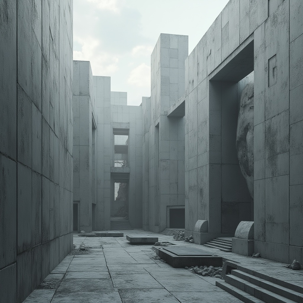 Prompt: Geometric shapes, industrial materials, rough concrete walls, metallic surfaces, distressed wood textures, brutalist architecture, urban cityscape, cloudy grey skies, dramatic high-contrast lighting, bold graphic patterns, abstract sculptures, avant-garde art pieces, raw unfinished edges, cold monochromatic color scheme, futuristic machines, mechanical components, 3D model visualization, low-poly aesthetics, atmospheric mist, cinematic rendering, ultra-modern typography.