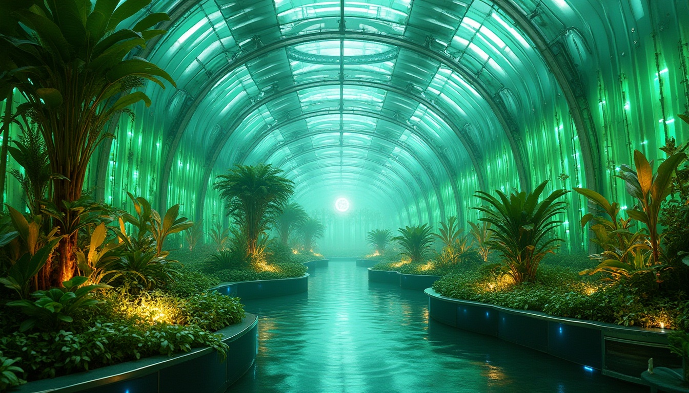 Prompt: Luminous greenhouse interior, vibrant green walls, iridescent glass ceilings, futuristic botanical displays, neon-lit hydroponic systems, misty atmosphere, warm soft lighting, verdant foliage, exotic plant species, sleek metallic accents, holographic plant labels, atmospheric water features, aerodynamic architecture, curved lines, bio-inspired patterns, electric blue highlights, emerald green tones, chrome accents, ambient occlusion, shallow depth of field, 3/4 composition, panoramic view.