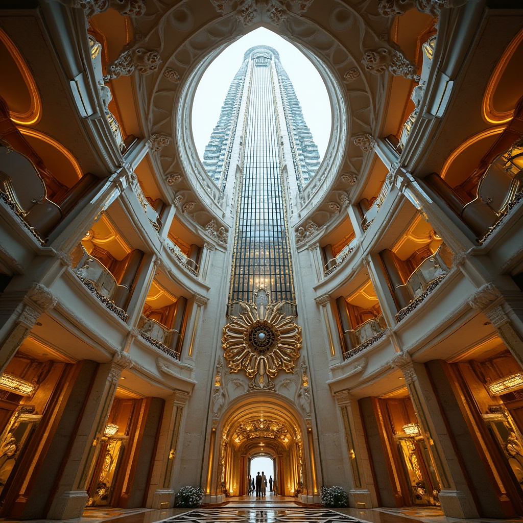 Prompt: Luxurious skyscraper, ornate metalwork, geometric patterns, glossy marble, shiny chrome accents, curved lines, zigzag motifs, symmetrical composition, sunburst designs, stylized florals, lavish ornamentation, opulent materials, glamorous lighting, warm golden tones, cinematic depth of field, 1/2 composition, low-angle shot, dramatic shadows, high-contrast ratios, bold architectural forms.