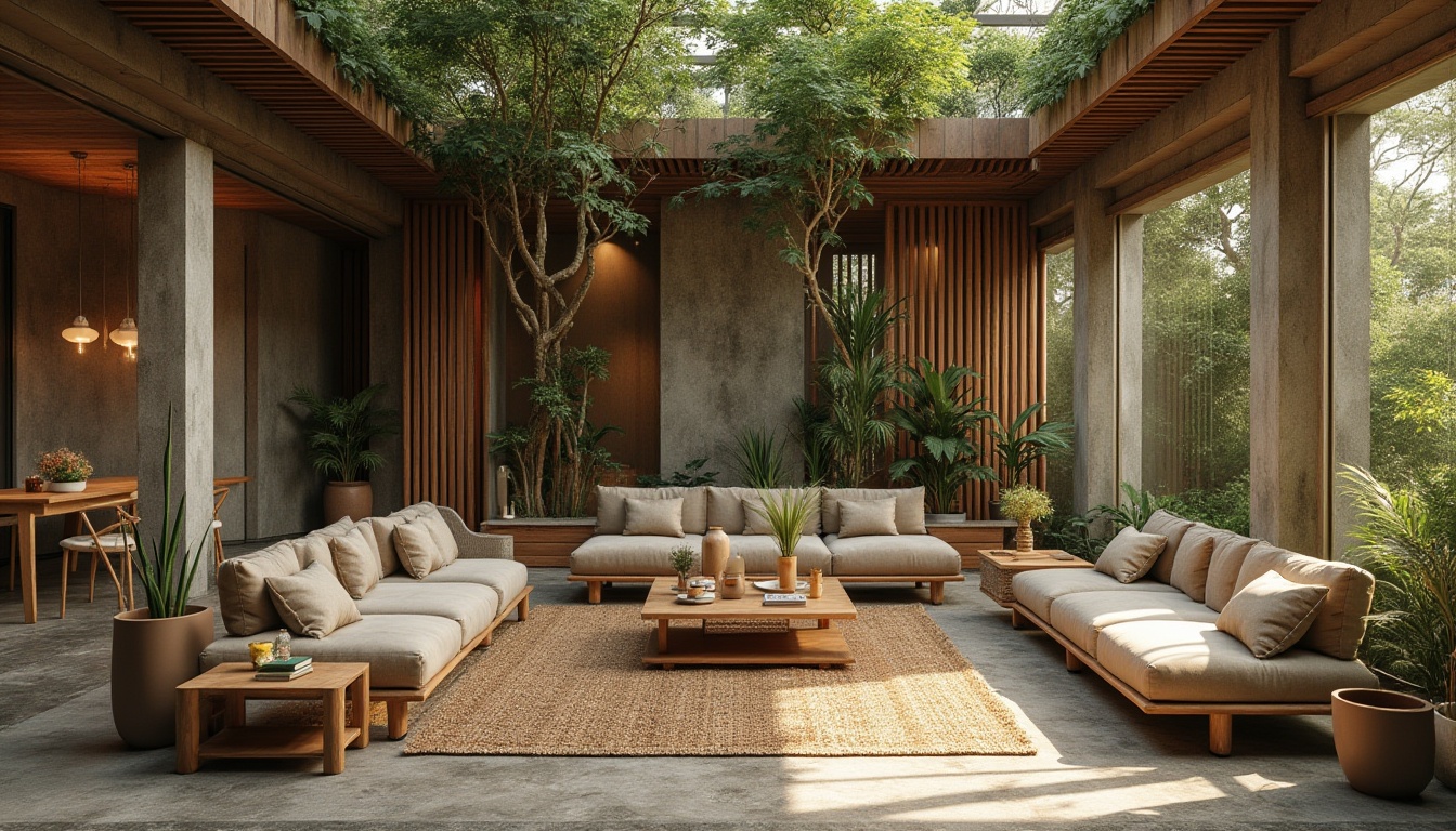 Prompt: Earthy tone, organic shapes, reclaimed wood accents, living walls, green roofs, natural stone floors, bamboo furniture, woven textiles, rattan decor, botanical prints, earthy color palette, warm ambient lighting, soft focus, 1/2 composition, realistic textures, subtle shading.