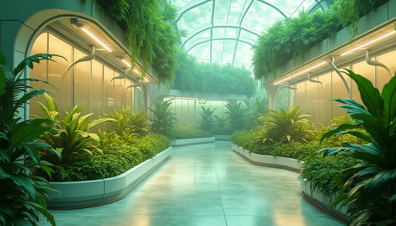 Prompt: Vibrant neon green, soft mint leaves, warm terracotta, metallic silver accents, iridescent glass panels, transparent acrylic walls, lush tropical plants, futuristic curved lines, minimalist steel structures, ambient misting systems, soft LED grow lights, natural stone floors, sleek modern benches, hydroponic systems, innovative climate control, panoramic dome roof, 1/1 composition, shallow depth of field, realistic reflective surfaces.