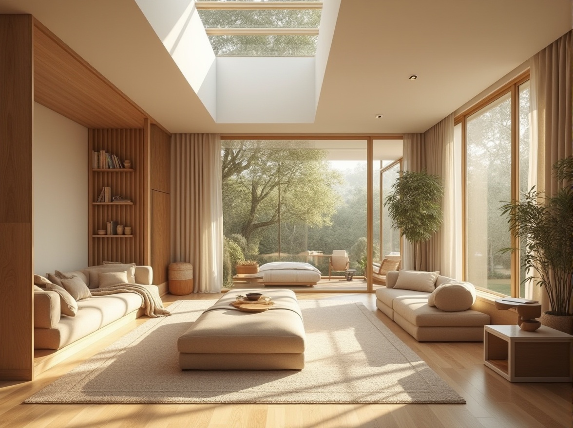 Prompt: Cozy interior spaces, large windows, clerestory roofs, skylights, soft diffused light, warm beige tones, natural textures, wood accents, earthy color palette, minimalist decor, energy-efficient solutions, solar tubes, LED lighting, occupancy sensors, automated shading systems, comfortable ambiance, relaxed atmosphere, calming environments, peaceful settings, morning sunlight, afternoon warmth, gentle shadows.