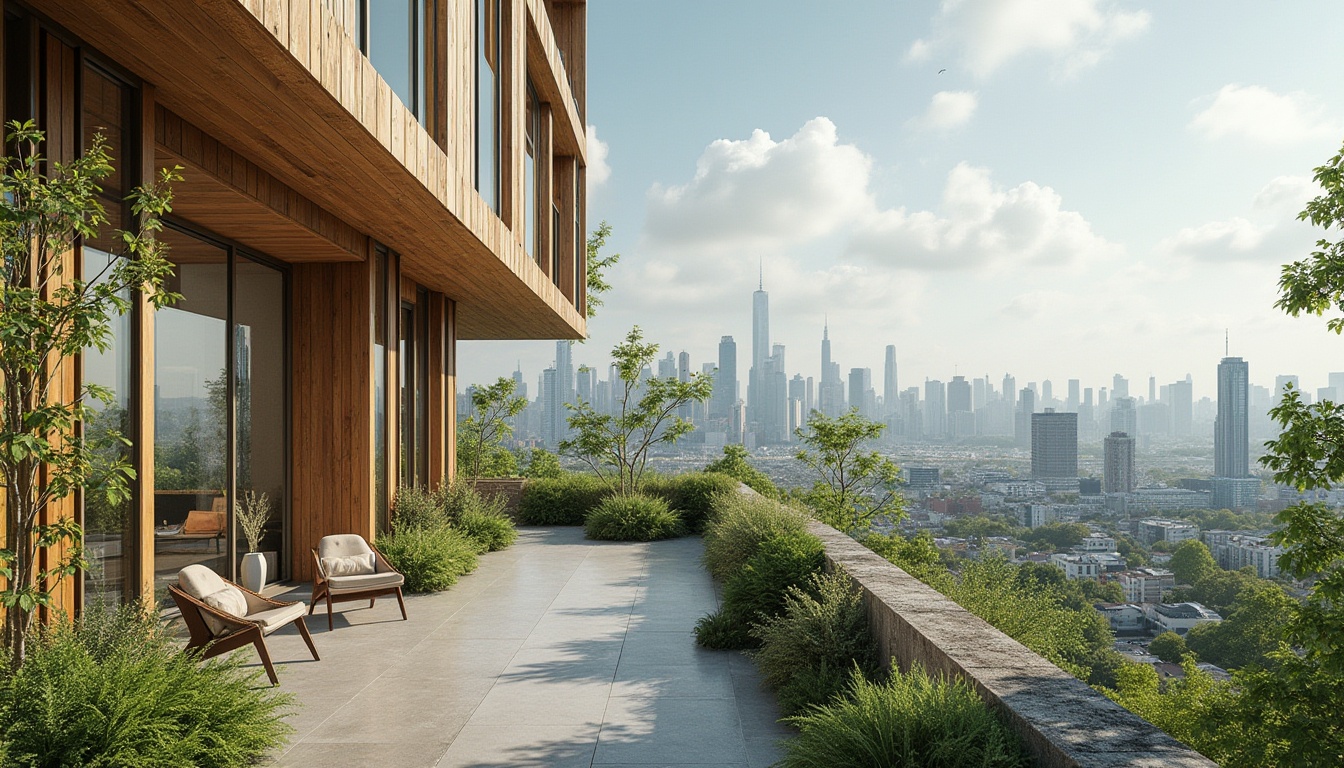 Prompt: Eco-friendly buildings, reclaimed wood facades, bamboo flooring, low-carbon concrete structures, green roofs, solar panels, wind turbines, rainwater harvesting systems, recycled glass windows, natural ventilation systems, organic paint finishes, FSC-certified timber frames, living walls, biophilic design, energy-efficient lighting, minimalist decor, industrial chic aesthetic, exposed ductwork, polished concrete floors, abundant natural light, airy open spaces, panoramic city views.