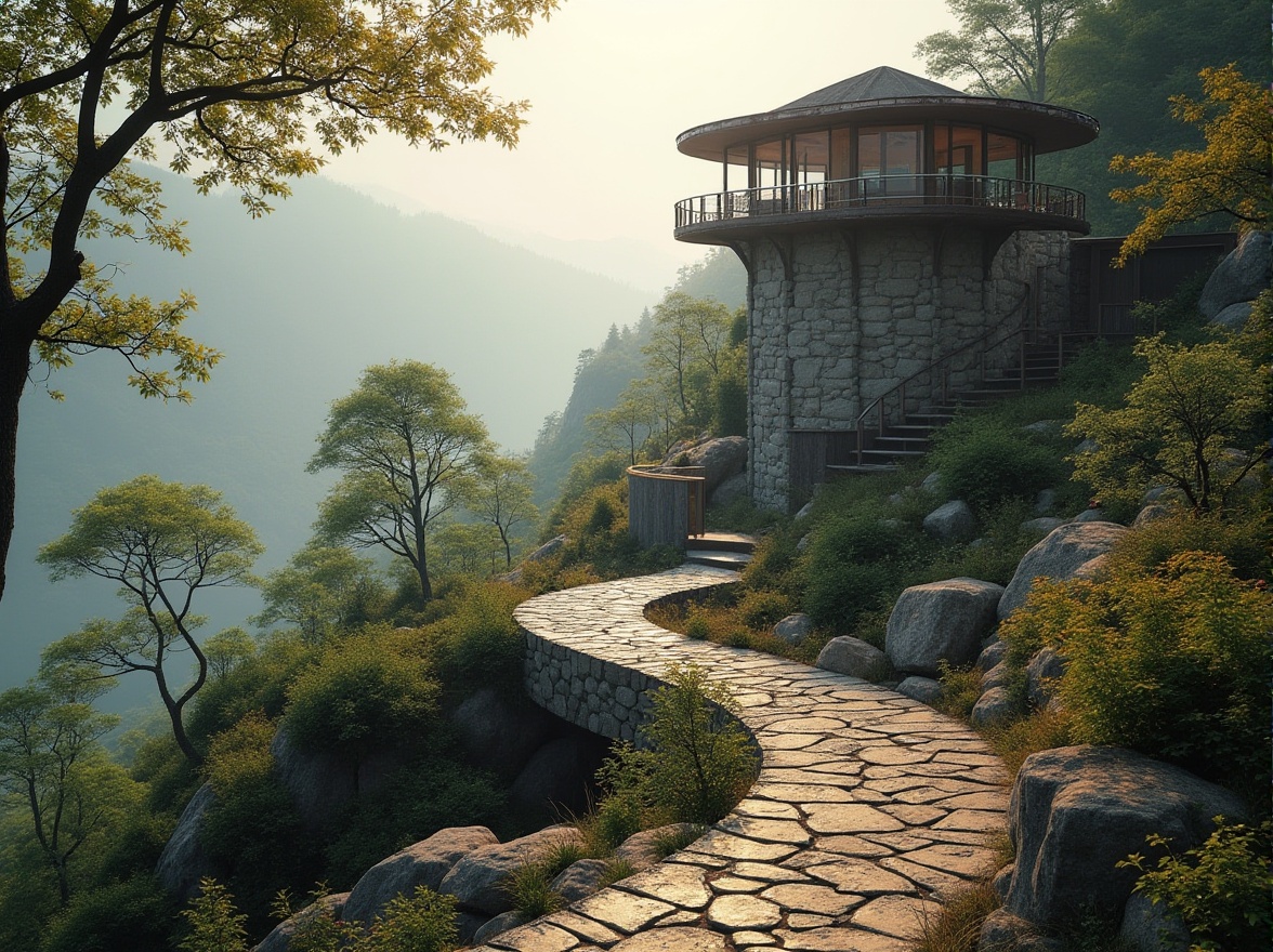 Prompt: Winding stone paths, lush greenery, majestic trees, serene lake views, rustic wooden decks, panoramic observation decks, modern minimalist watching tower architecture, sleek metal railings, large glass windows, natural stone walls, earthy tones, misty morning atmosphere, soft warm lighting, shallow depth of field, 3/4 composition, realistic textures, ambient occlusion.