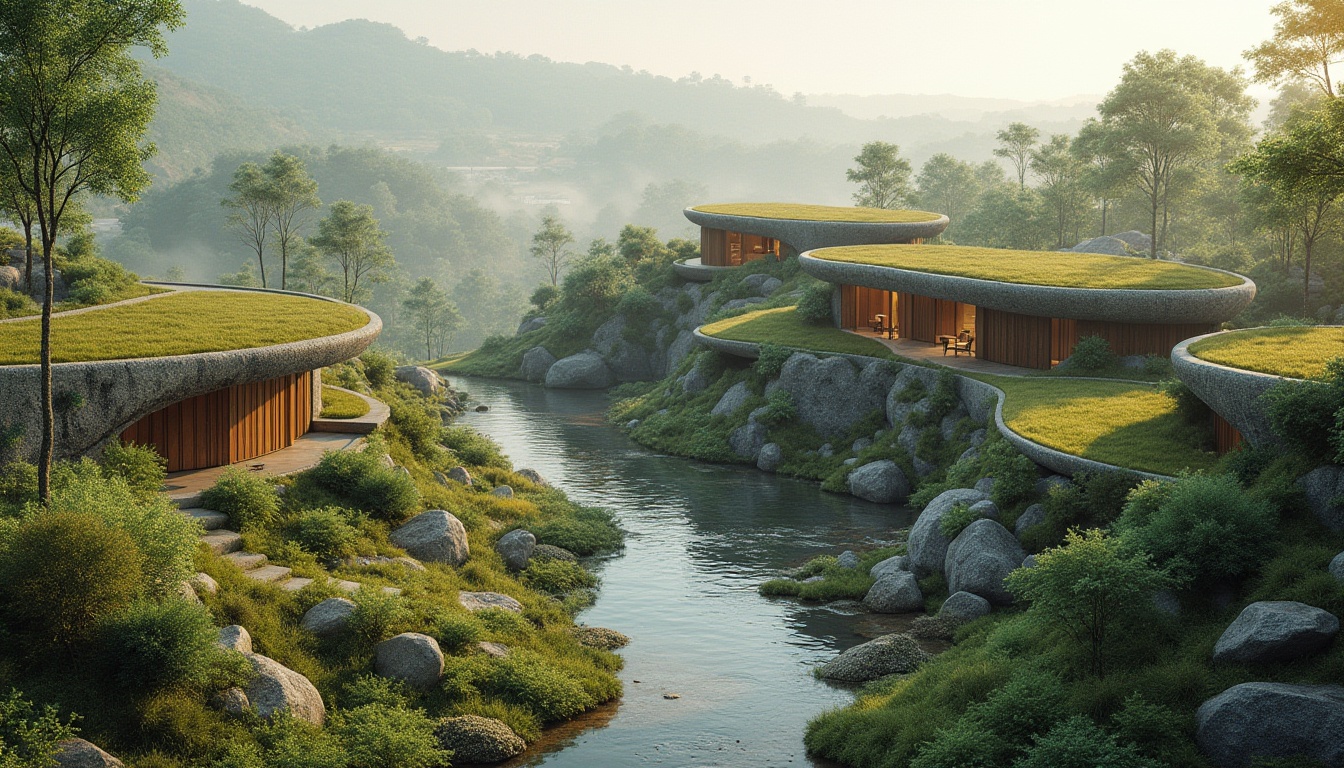 Prompt: Harmonious landscape integration, curvaceous architecture, lush green roofs, native plants, meandering water features, natural stone walls, weathered wood accents, earthy color palette, seamless transitions, blurred boundaries, organic forms, sustainable materials, eco-friendly design, minimal visual impact, scenic overlooks, panoramic views, soft warm lighting, atmospheric mist, 1/2 composition, intimate scale, realistic textures, ambient occlusion.