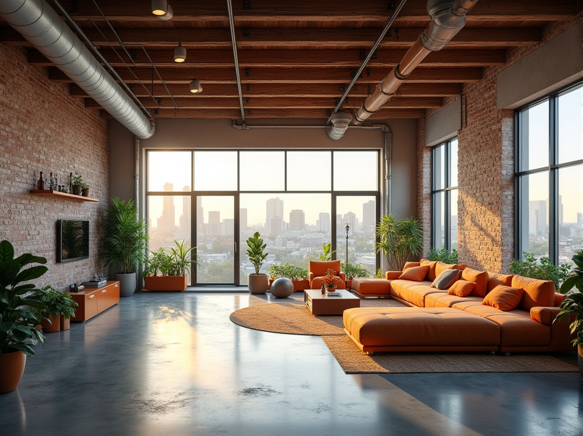 Prompt: Industrial chic loft, exposed brick walls, polished concrete floors, high ceilings, large windows, minimal ornamentation, functional furniture, geometric shapes, primary color accents, natural light pouring in, airy atmosphere, open floor plan, flexible living spaces, urban landscape views, modern cityscape, sunny day, soft warm lighting, shallow depth of field, 3/4 composition, panoramic view, realistic textures, ambient occlusion.