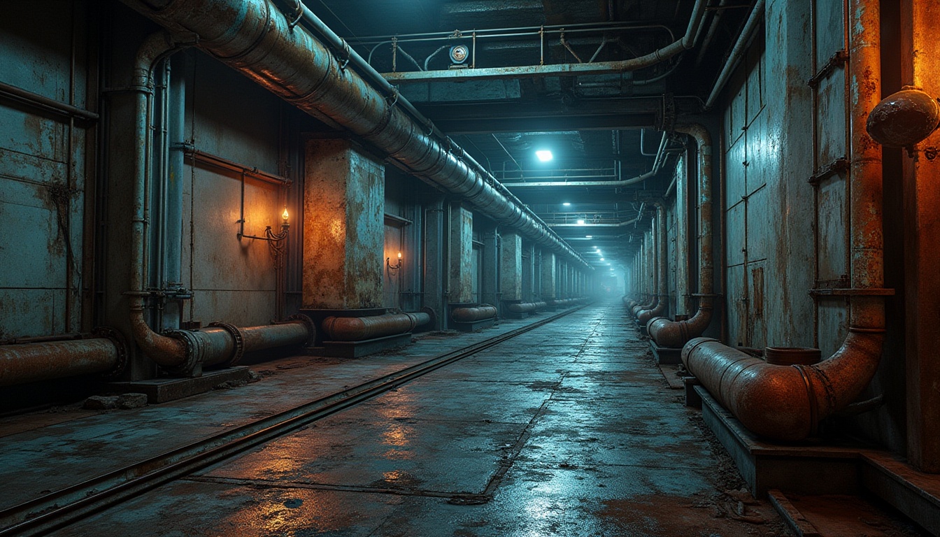 Prompt: Rusty industrial pipes, distressed metallic surfaces, worn concrete walls, neon-lit factory floors, futuristic machinery parts, exposed wiring systems, steel beams, grated walkways, reinforced glass windows, urban cityscape views, night-time atmosphere, high-contrast lighting, dramatic shadows, 1-point perspective composition, cinematic mood, realistic material textures, ambient occlusion.