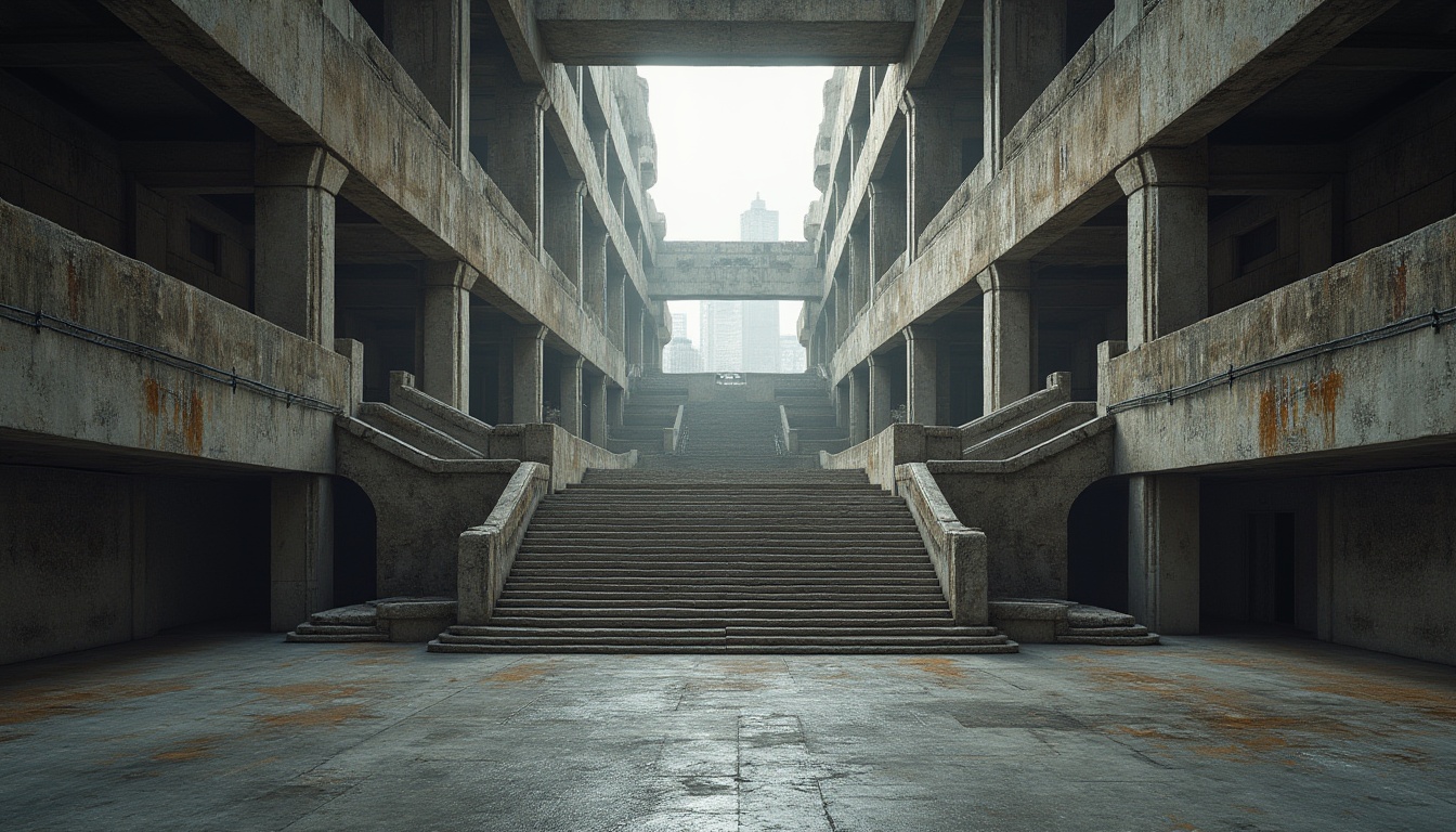 Prompt: Rough-hewn concrete walls, exposed ductwork, industrial metal beams, rugged stone floors, monumental staircases, cantilevered balconies, raw unfinished textures, dramatic natural light, brutalist monumentality, urban cityscape, overcast sky, low-key ambient lighting, 1/1 composition, symmetrical framing, high-contrast rendering, intricate shadow details, realistic weathering effects.