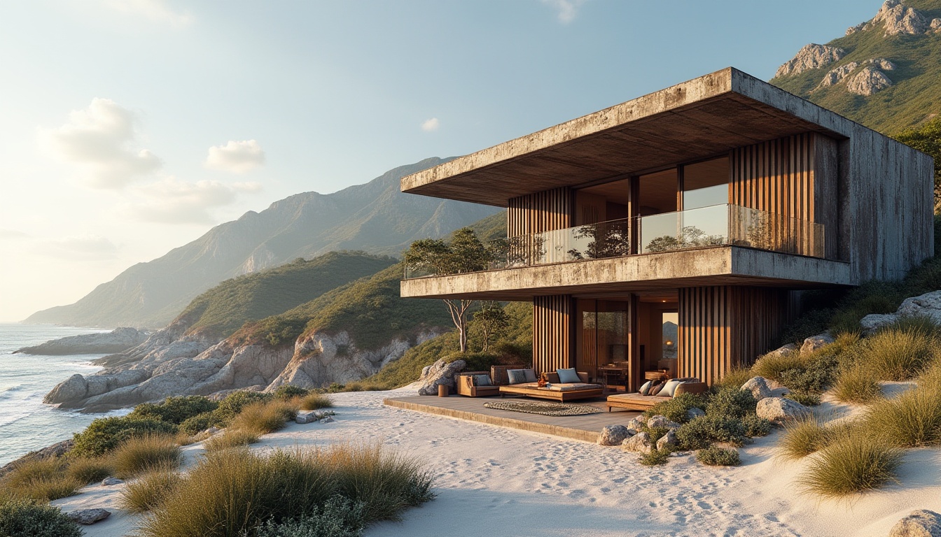 Prompt: Rustic coastal scenery, weathered steel structures, driftwood accents, ocean-inspired color palette, wave-patterned metal cladding, brutalist concrete foundations, modern minimalist design, cantilevered roofs, floor-to-ceiling windows, reflective glass surfaces, nautical-themed decor, reclaimed wood furnishings, sandy dunes, sea spray, salty air, natural textures, warm diffused lighting, shallow depth of field, 2/3 composition, realistic reflections.