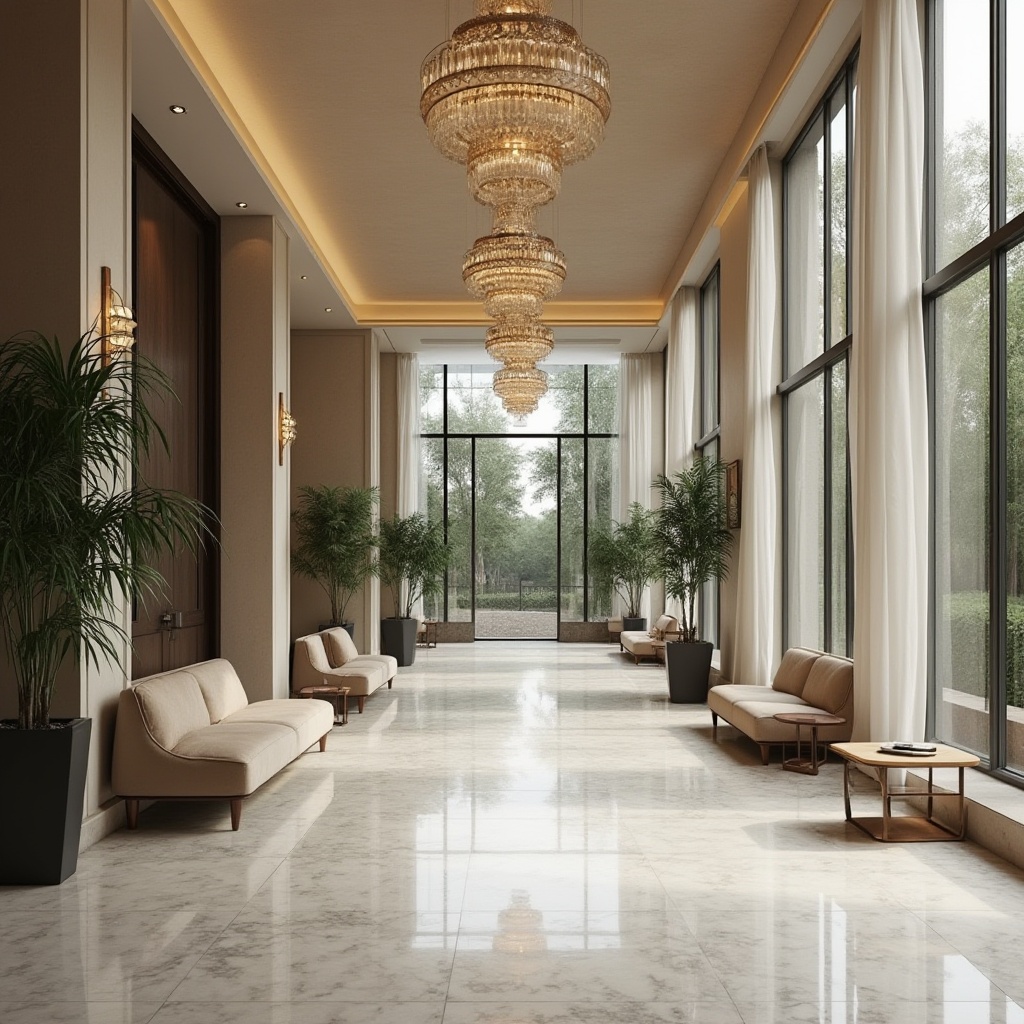 Prompt: Understated luxury hotel lobby, sleek marble floors, minimalist chandeliers, sparse greenery, modern low-profile furniture, neutral color palette, natural materials, subtle textures, floor-to-ceiling windows, abundant natural light, soft warm ambiance, 1/1 composition, shallow depth of field, realistic reflections, ambient occlusion, serene atmosphere, calm tone, elegant simplicity.