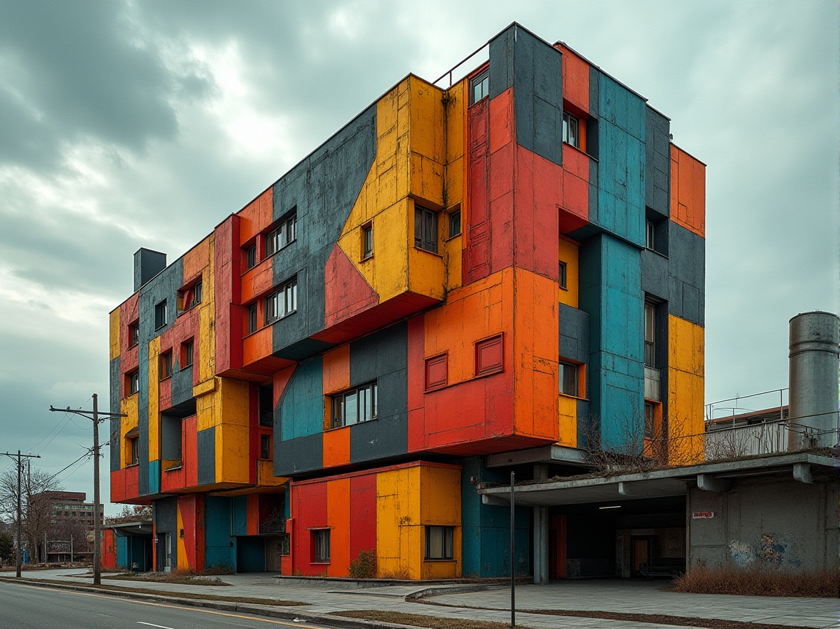 Prompt: Vibrant constructivist building, bold geometric shapes, fragmented forms, overlapping planes, dynamic diagonals, bright primary colors, stark contrasts, metallic surfaces, exposed ductwork, industrial materials, urban landscape, cityscape background, cloudy dramatic sky, high-contrast lighting, deep shadows, low-angle view, 1/2 composition, cinematic atmosphere, gritty textures, subtle grunge.