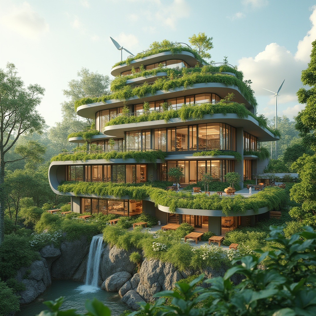 Prompt: Sustainable building, green roofs, living walls, rainwater harvesting systems, solar panels, wind turbines, recycled materials, energy-efficient design, natural ventilation, large windows, minimal carbon footprint, eco-friendly interior finishes, organic shapes, curved lines, harmony with nature, serene atmosphere, soft natural lighting, shallow depth of field, 1/2 composition, realistic textures, ambient occlusion.