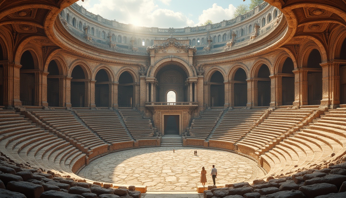 Prompt: Romanesque amphitheater, semi-circular seating, tiered stone bleachers, ornate arches, vaulted ceilings, rustic brick fa\u00e7ade, grandiose entrance gates, intricate carvings, monumental columns, imposing stone walls, natural limestone textures, warm earthy tones, soft afternoon light, dramatic shadowing, atmospheric mist, 1/2 composition, symmetrical framing, realistic weathering effects.