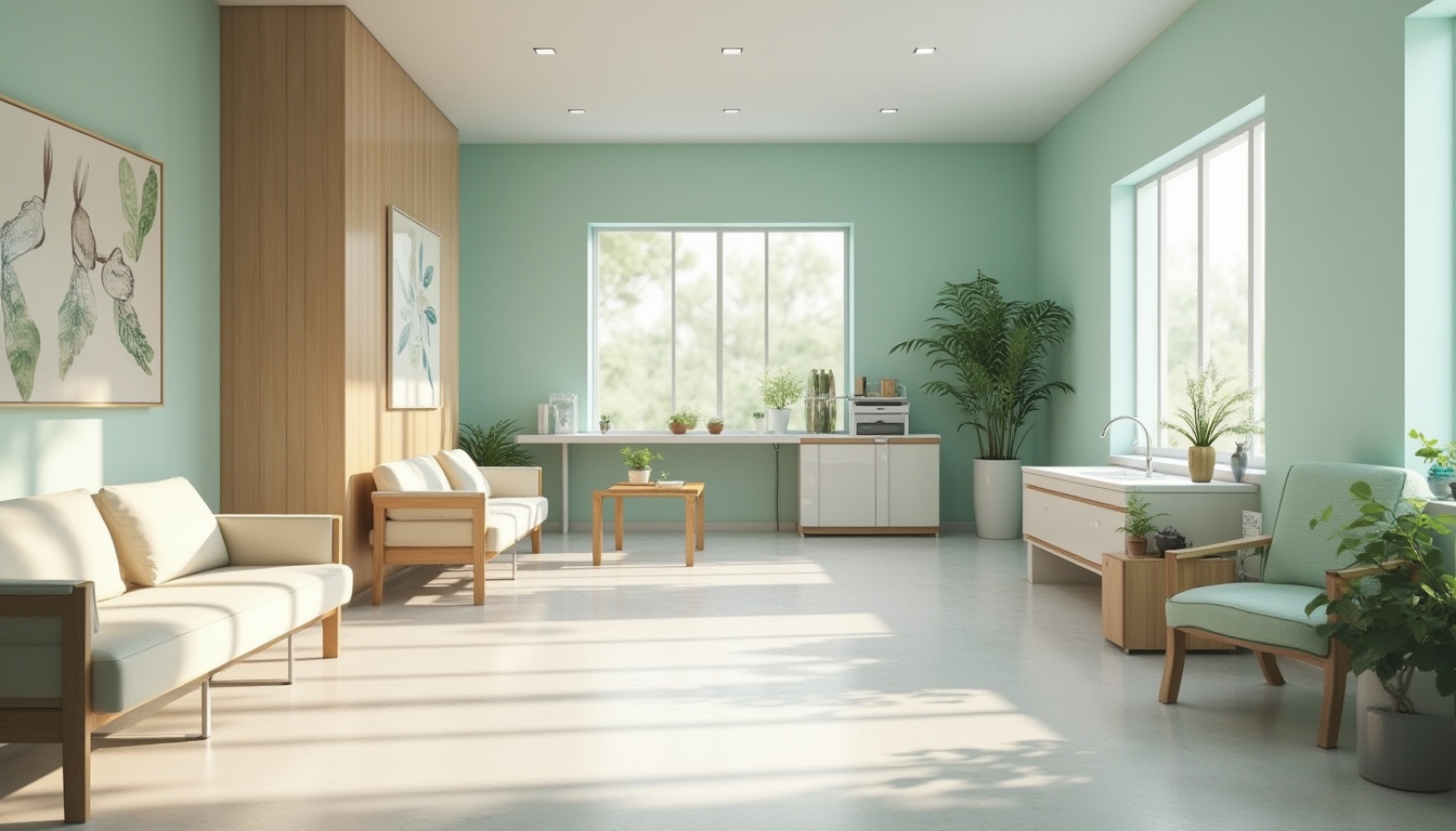 Prompt: Calming healthcare facility, soothing color scheme, gentle blues, muted greens, creamy whites, warm beige tones, natural wood accents, soft indirect lighting, comfortable waiting areas, calming artwork, peaceful atmosphere, modern medical equipment, sterile surfaces, clean lines, minimal decor, functional layout, efficient workflow, serene ambiance, shallow depth of field, 1/1 composition, realistic textures.