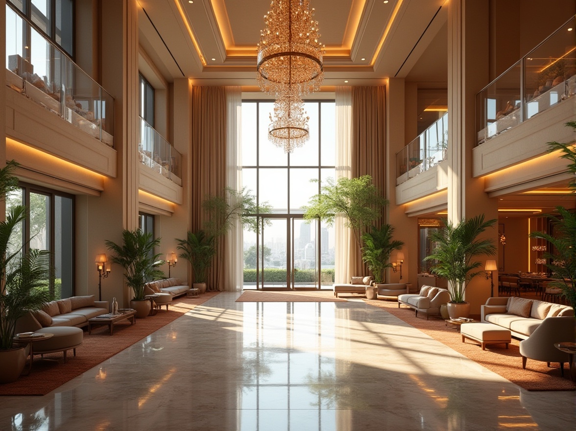 Prompt: Luxurious hotel lobby, high ceilings, grand chandeliers, polished marble floors, soft warm lighting, abundant natural light, floor-to-ceiling windows, sliding glass doors, balconies with city views, lavish furnishings, ornate mirrors, elegant staircases, modern minimalist decor, LED light installations, subtle color palette, ambient atmosphere, cozy reading nooks, plush area rugs, tropical plants, sunny day, shallow depth of field, 3/4 composition, panoramic view, realistic textures.