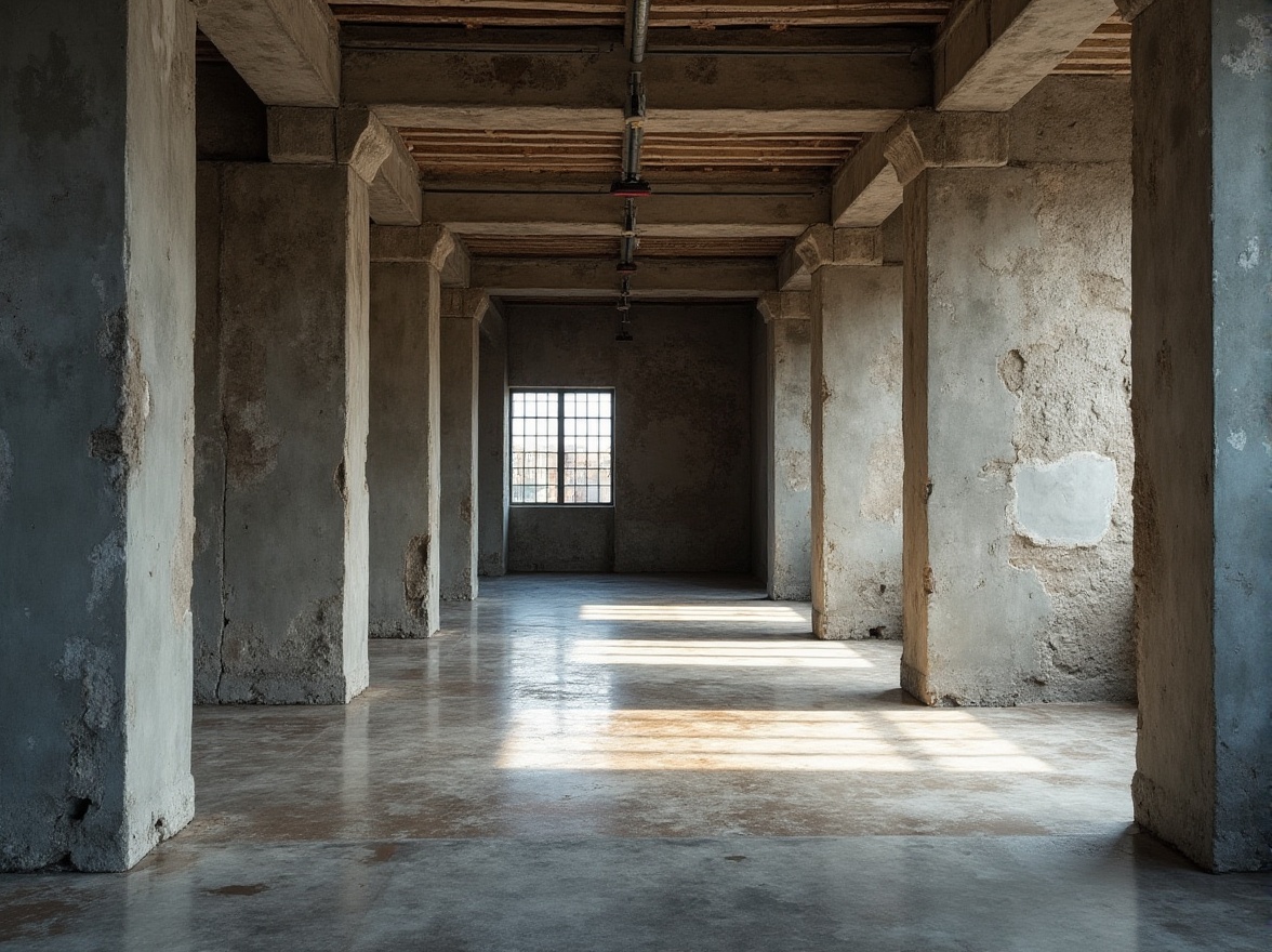 Prompt: Exposed concrete columns, rugged stone walls, industrial metal beams, raw unfinished ceilings, brutalist architectural style, urban loft atmosphere, reclaimed wood accents, distressed finishes, minimalist decor, functional simplicity, cold harsh lighting, dramatic shadows, 3/4 composition, low-angle shot, gritty textures, ambient occlusion.