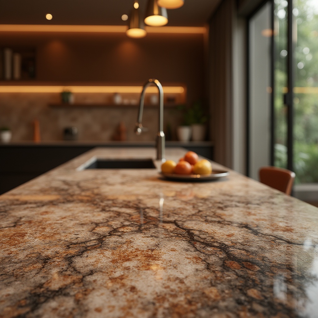 Prompt: Luxurious modern interior, polished granite countertops, rich earthy tones, natural stone textures, elegant kitchen island, high-gloss cabinetry, sophisticated pendant lighting, warm ambient atmosphere, soft focus blur, 1/1 composition, shallow depth of field, realistic reflections.