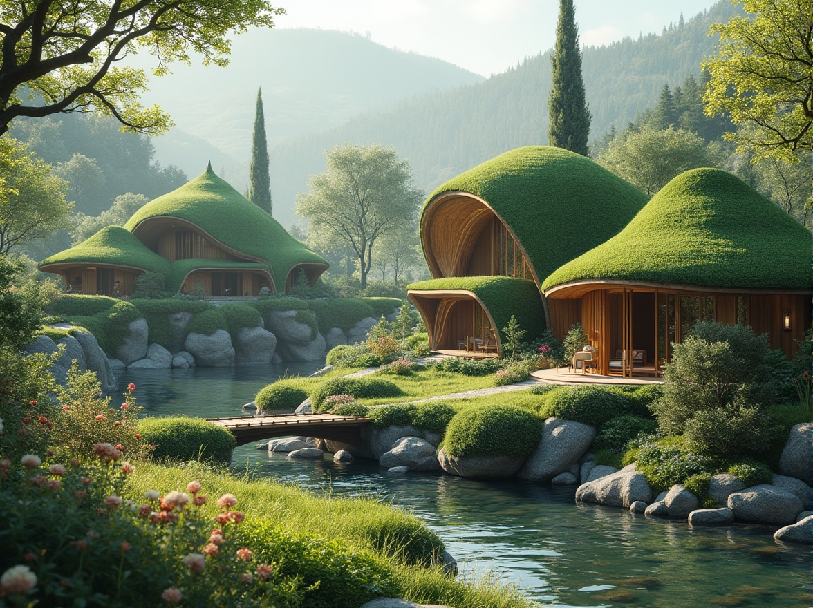 Prompt: Elegant villas, lush green roofs, natural stone walls, curved lines, organic shapes, harmonious balance, serene surroundings, tranquil atmosphere, gentle slopes, meandering paths, rustic wooden bridges, babbling brooks, vibrant wildflowers, soft misty lighting, warm sunbeams, shallow depth of field, 1/1 composition, symmetrical framing, realistic textures, ambient occlusion.