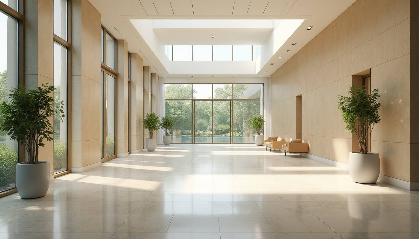 Prompt: Spacious hospital corridors, large windows, clerestory windows, skylights, natural stone flooring, warm beige walls, minimal obstruction, open waiting areas, greenery views, calming water features, soothing color schemes, abundant daylight, soft diffused lighting, 1/1 composition, realistic reflections, ambient occlusion, modern minimalist design, functional layout, efficient circulation paths.