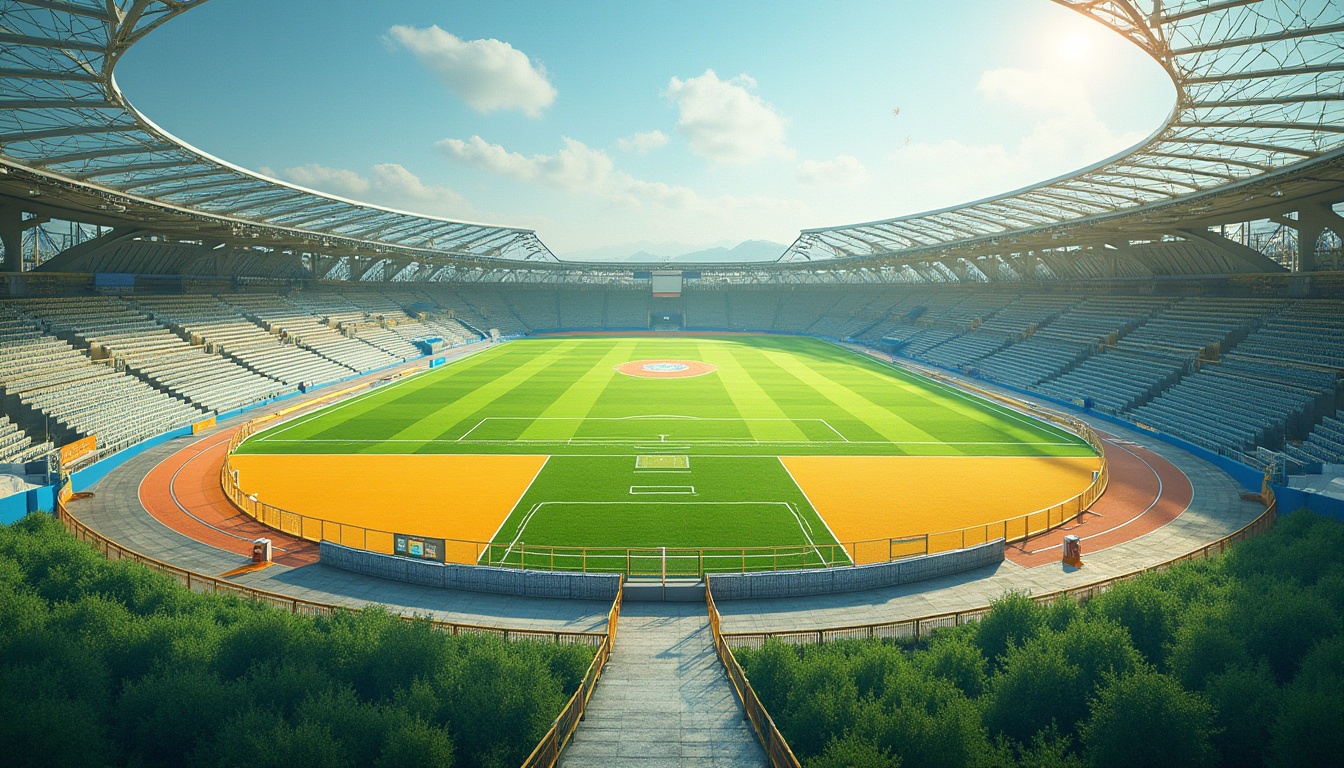 Prompt: Vibrant green grass, bright white lines, bold blue tracks, dynamic yellow accents, energetic orange goalposts, sturdy brown fences, natural stone pathways, modern sports facilities, sleek metal bleachers, transparent glass roofs, sunny day, soft warm lighting, shallow depth of field, 3/4 composition, panoramic view, realistic textures, ambient occlusion.