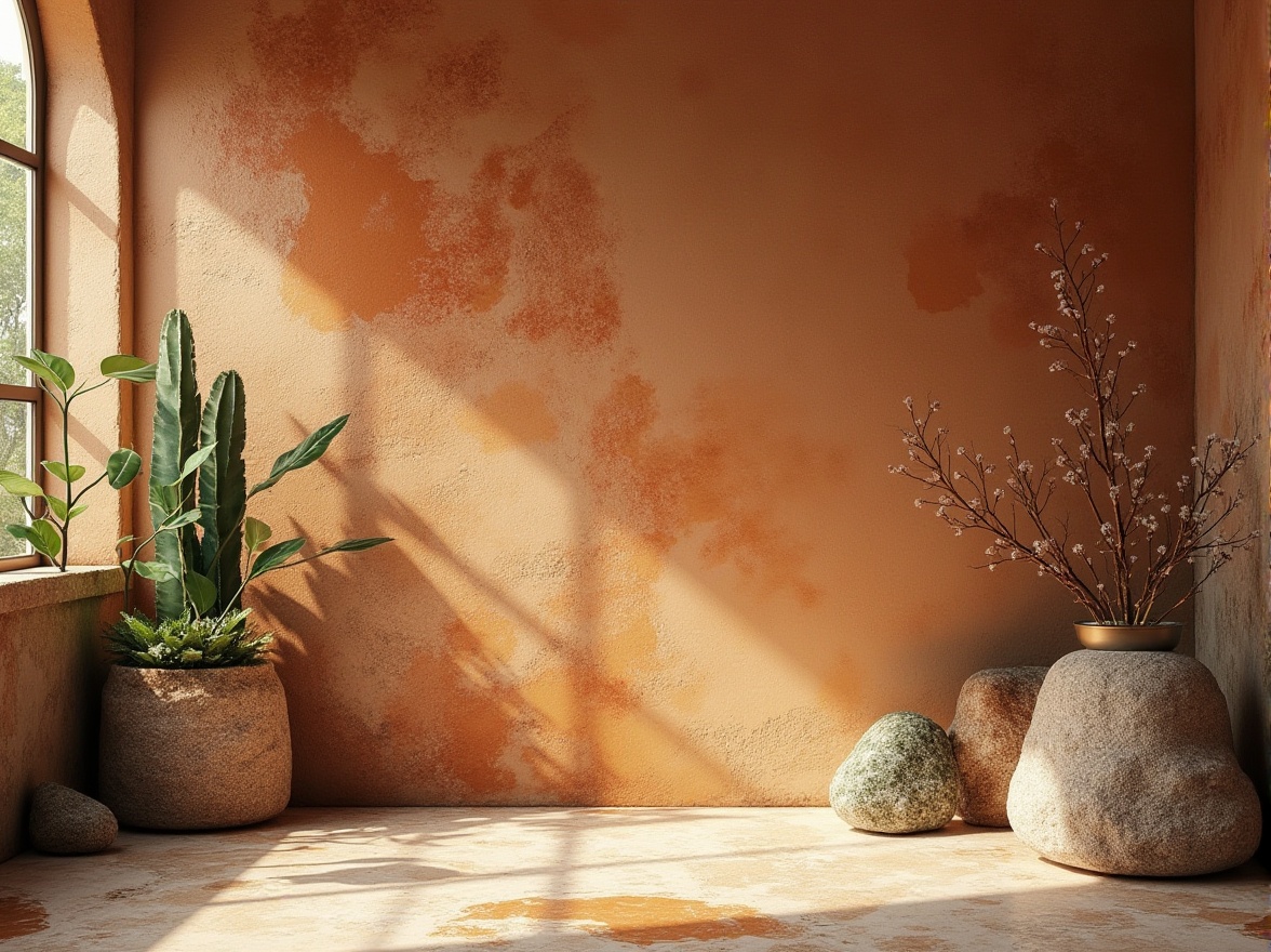 Prompt: Richly textured walls, earthy terracotta tones, soft moss accents, warm beige backgrounds, creamy whites, deep charcoal outlines, velvety blacks, metallic gold highlights, subtle gradient effects, ombre-inspired transitions, natural stone patterns, organic shapes, hand-painted textures, whimsical illustrations, atmospheric lighting, cinematic depth of field, 1/2 composition, romantic warm color temperature, inviting atmosphere.