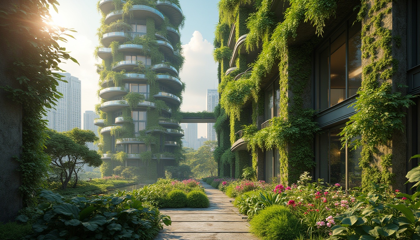 Prompt: Urban skyscraper, lush green walls, vibrant flowers, leafy foliage, natural stone facades, modern architecture, large windows, glass balconies, thriving plants, misting systems, automatic irrigation, sunny day, soft warm lighting, shallow depth of field, 3/4 composition, panoramic view, realistic textures, ambient occlusion.