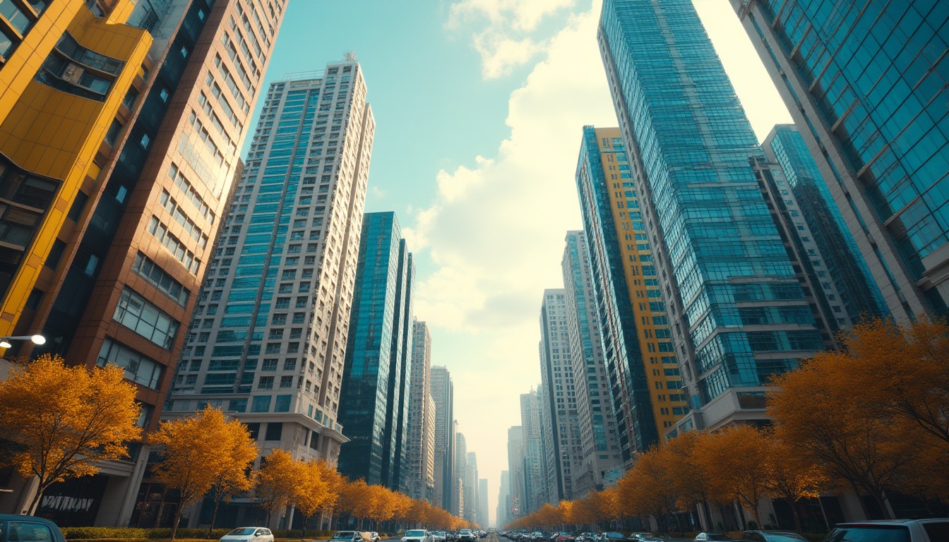 Prompt: Vibrant cityscape, modern skyscrapers, bold color blocking, contrasting hues, harmonious palettes, warm beige tones, cool blue accents, bright yellow highlights, rich brown textures, sleek metal finishes, glossy glass surfaces, dynamic lighting effects, dramatic shadows, atmospheric ambiance, 1/1 composition, high-contrast ratio, cinematic rendering, realistic materials, ambient occlusion.