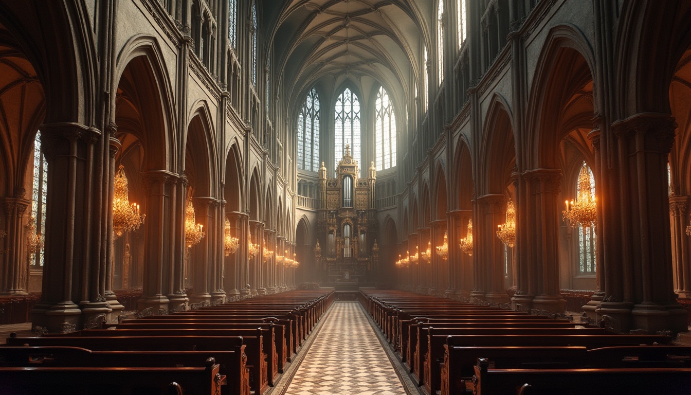 Prompt: Grand Gothic cathedral, high ceilings, pointed arches, ribbed vaults, flying buttresses, stained glass windows, intricate stone carvings, ornate wooden pews, lavish furnishings, velvet drapes, rich tapestries, grand chandeliers, warm golden lighting, atmospheric fog effects, symmetrical composition, central nave, side aisles, ornate altar, imposing pipe organ, mystical ambiance, subtle color palette, mysterious shadows, dramatic depth of field.