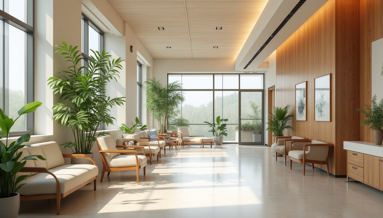 Prompt: Calming hospital interior, soothing color palette, natural wood accents, comfortable waiting areas, ergonomic furniture, abundant greenery, large windows, soft diffused lighting, quiet atmosphere, acoustic panels, minimal decor, clean lines, modern medical equipment, sleek metal surfaces, subtle branding elements, warm beige tones, relaxing artwork, peaceful ambiance, shallow depth of field, 1/1 composition, realistic textures.