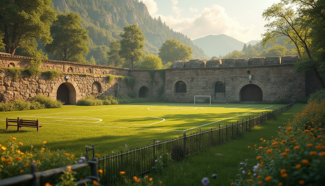 Prompt: Rustic sports field, ancient Romanesque architecture, natural stone walls, weathered bronze gates, lush green grass, vibrant wildflowers, athletic tracks, soccer goals, tennis courts, basketball hoops, rustic wooden benches, vintage metal fencing, warm golden lighting, shallow depth of field, 1/2 composition, realistic textures, ambient occlusion.