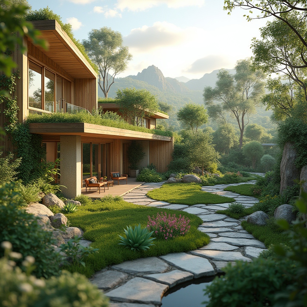 Prompt: Eco-friendly landscape, native plants, winding pathways, natural stone walls, green roofs, solar panels, rainwater harvesting systems, organic gardens, composting areas, recycled materials, minimalist architecture, large windows, sliding glass doors, clerestory windows, natural ventilation, soft warm lighting, shallow depth of field, 3/4 composition, panoramic view, realistic textures, ambient occlusion.