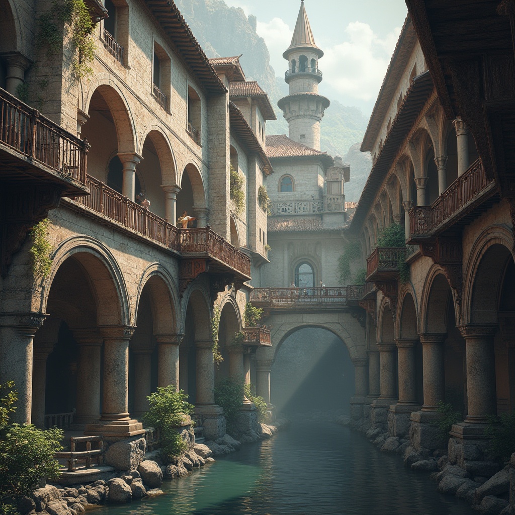 Prompt: Rustic stone arches, ornate metal railings, grandeur pedestrian walkways, symmetrical towers, majestic pillars, classical architectural influences, earthy tone color palette, weathered wooden accents, intricate stonework details, subtle lighting effects, misty atmospheric conditions, serene water reflections, 1/1 composition, shallow depth of field, realistic textures, ambient occlusion.