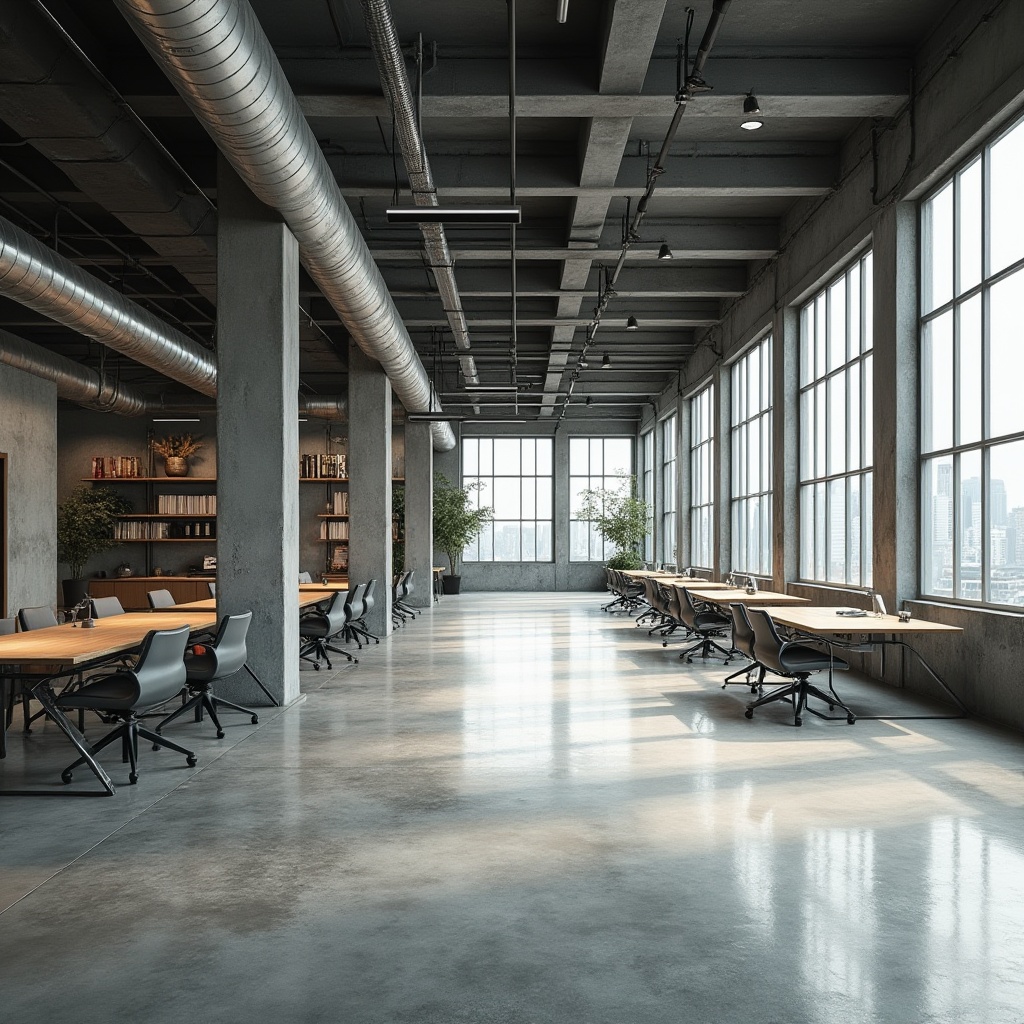 Prompt: Intricate steel beams, exposed ductwork, polished concrete floors, minimalist decor, industrial chic aesthetic, open-plan layout, high ceilings, abundance of natural light, functional spaces, ergonomic furniture, sleek metallic accents, modern urban atmosphere, bright artificial lighting, shallow depth of field, 1/1 composition, realistic textures, ambient occlusion.