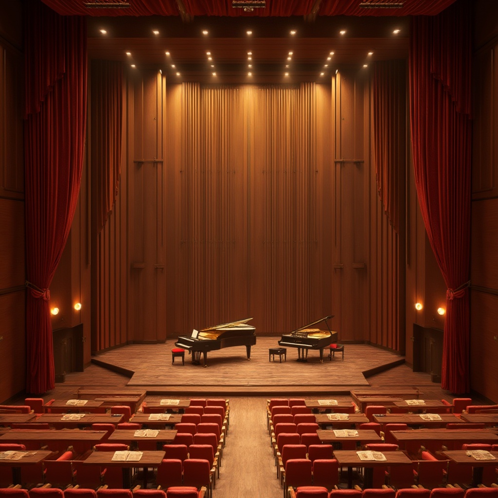 Prompt: Luxurious concert hall, rich wood paneling, velvet curtains, grand pianos, spotlights, adjustable acoustic panels, sound-absorbing materials, tiered seating, intimate atmosphere, warm golden lighting, shallow depth of field, 2/3 composition, realistic textures, ambient occlusion.