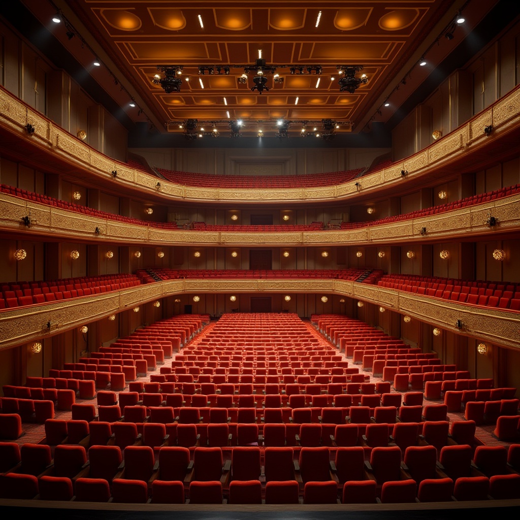 Prompt: Luxurious concert hall, elegant curved lines, rich wood tones, plush velvet seats, ornate golden details, sophisticated soundproofing materials, advanced speaker systems, precise acoustic engineering, optimized reverberation times, dramatic spotlights, warm ambient lighting, shallow depth of field, 3/4 composition, panoramic view, realistic textures, ambient occlusion.