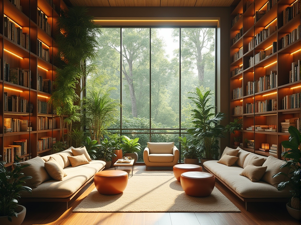 Prompt: Cozy reading nooks, floor-to-ceiling windows, abundant natural light, warm wood accents, comfortable seating areas, lush greenery, vibrant flowers, soft warm lighting, shallow depth of field, 1/1 composition, realistic textures, ambient occlusion, modern minimalist architecture, open shelving, sleek metal fixtures, polished wooden floors, calm atmosphere, peaceful ambiance.