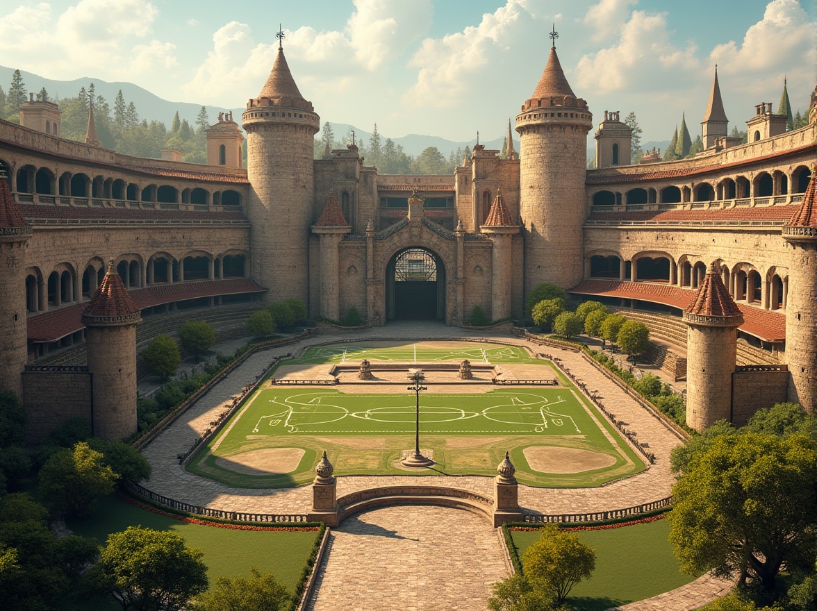 Prompt: Ancient Roman-inspired sports stadium, rustic stone fa\u00e7ade, archaic columns, ornate carvings, grandiose entrance gates, red terracotta roofing, lush greenery, vibrant flowers, athletic tracks, soccer fields, basketball courts, tennis courts, Olympic-sized swimming pools, medieval-style towers, ornamental fountains, sunny day, warm golden lighting, shallow depth of field, 1/1 composition, symmetrical framing, realistic textures, ambient occlusion.