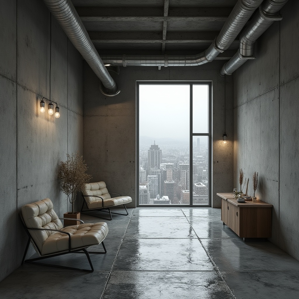 Prompt: Raw concrete walls, exposed ductwork, industrial metal beams, minimalist decor, sparse furniture, monochromatic color scheme, natural stone flooring, brutalist architecture, fortress-like structures, dramatic lighting, low ceilings, narrow windows, urban landscape views, rainy day, soft box lighting, 1/1 composition, realistic textures, ambient occlusion.