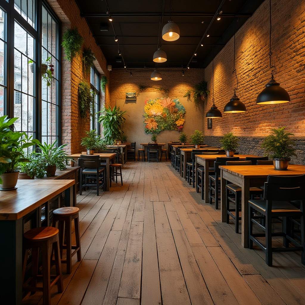 Prompt: Rustic wooden planks, distressed metal sheets, weathered stone walls, vibrant colorful murals, eclectic furniture pieces, lush greenery installations, modern industrial lighting, exposed brick textures, reclaimed wood accents, earthy tone color palette, cozy intimate atmosphere, soft warm glow, shallow depth of field, 1/1 composition, realistic surface imperfections, ambient occlusion.