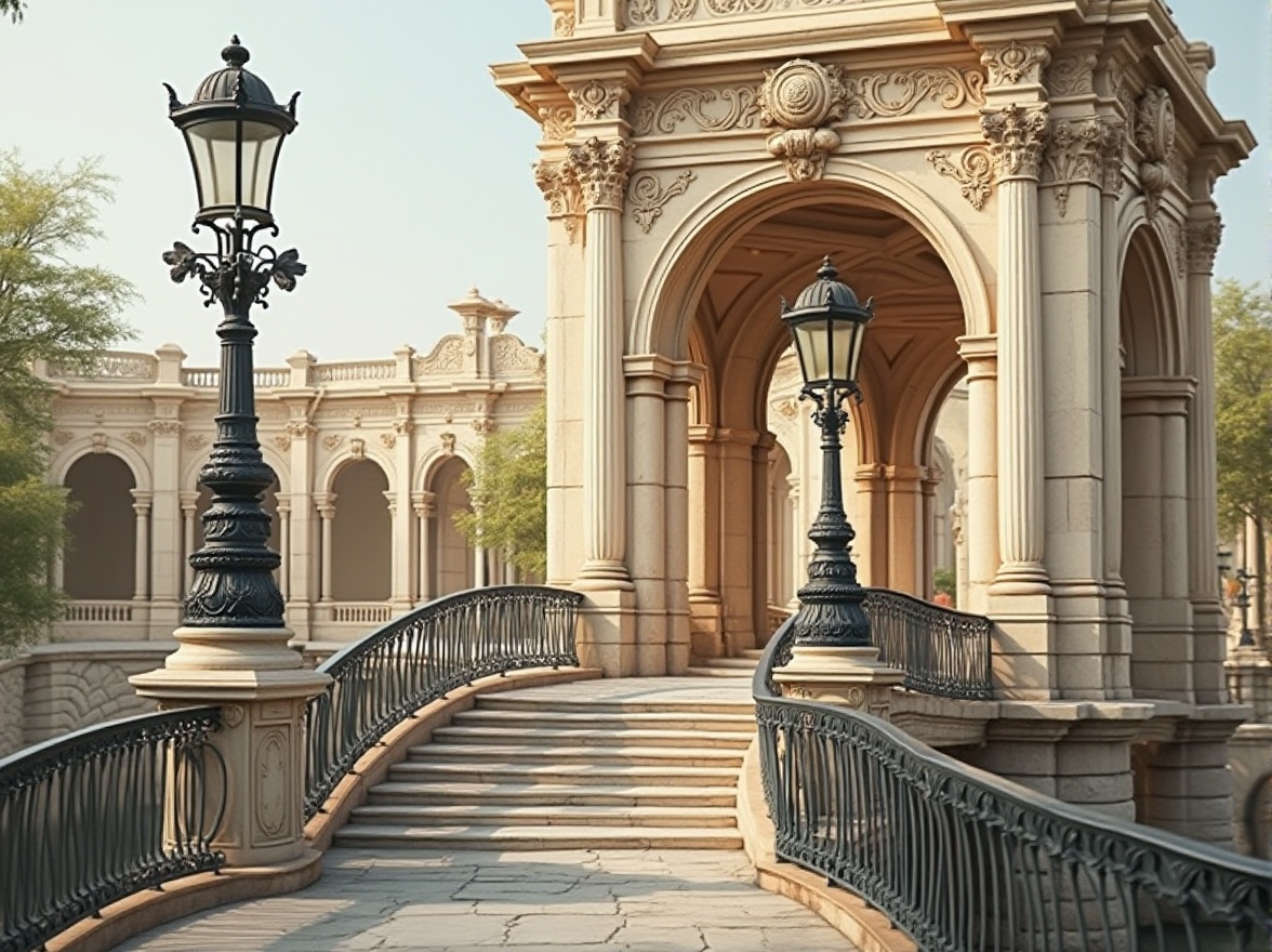 Prompt: Elegant bridge architecture, neoclassical style, ornate ironwork, intricate stone carvings, grand arches, symmetrical design, cream-colored stonework, rusticated columns, ornamental lampposts, decorative railings, curved staircases, ornate metal balconies, subtle golden accents, soft warm lighting, shallow depth of field, 1/2 composition, realistic textures, ambient occlusion.