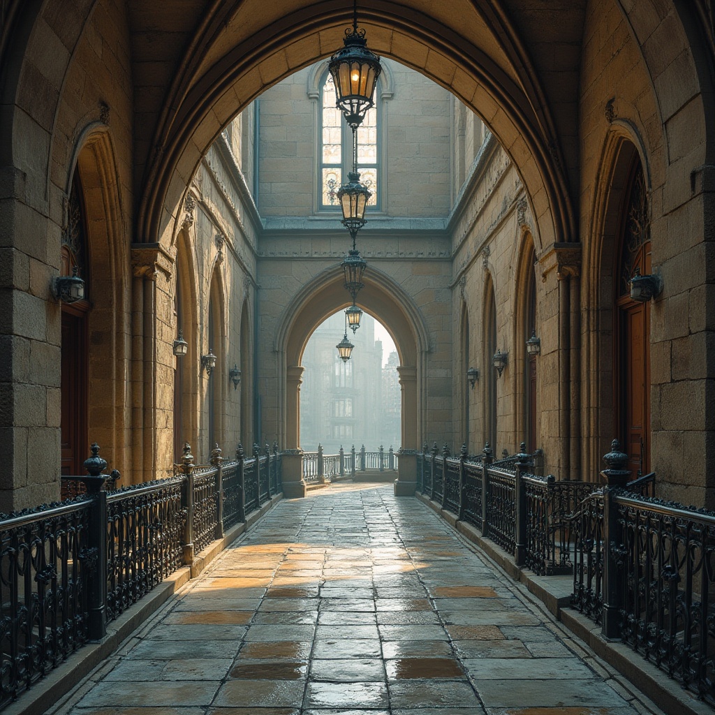 Prompt: Rustic stone arches, ornate metal railings, symmetrical composition, grand entranceways, academic Gothic Revival style, pointed arches, ribbed vaults, flying buttresses, stained glass windows, intricate stonework, weathered copper accents, majestic urban landscape, morning misty atmosphere, soft diffused lighting, 1/2 composition, wide-angle lens, atmospheric perspective, realistic water reflections.