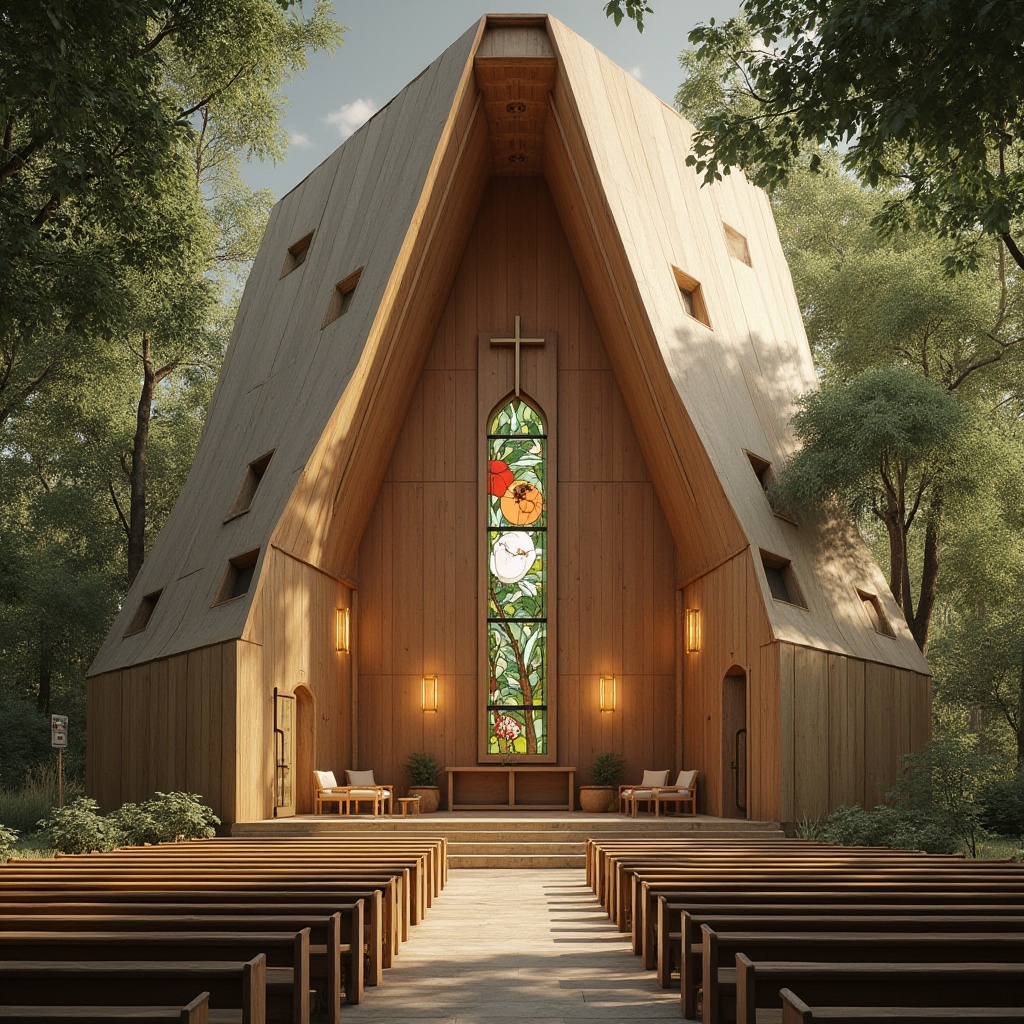 Prompt: Eco-friendly church, reclaimed wood accents, natural stone walls, solar panels, green roofs, rainwater harvesting systems, energy-efficient stained glass windows, minimal ornamentation, earthy color palette, serene atmosphere, warm soft lighting, subtle shadows, shallow depth of field, 2/3 composition, realistic textures, ambient occlusion.