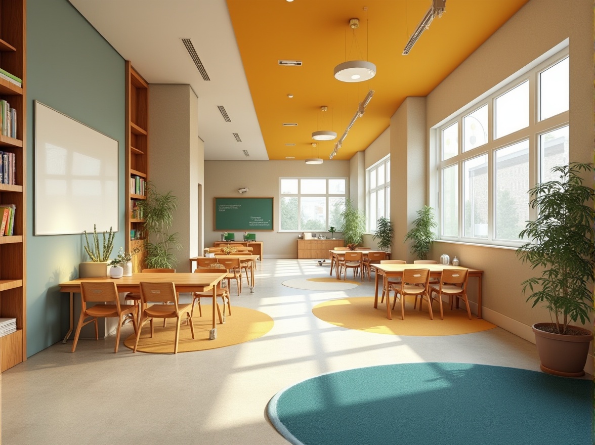 Prompt: Vibrant educational institution, warm beige walls, rich wood accents, calming blue tones, energetic yellow highlights, soft greenery, natural light-filled corridors, modern furniture designs, collaborative learning spaces, interactive whiteboards, inspirational quote decals, playful patterned rugs, minimalist decor, ample storage shelves, comfortable seating areas, bright ceiling lights, gentle gradient transitions, harmonious color balance, 1/2 composition, warm atmospheric lighting.