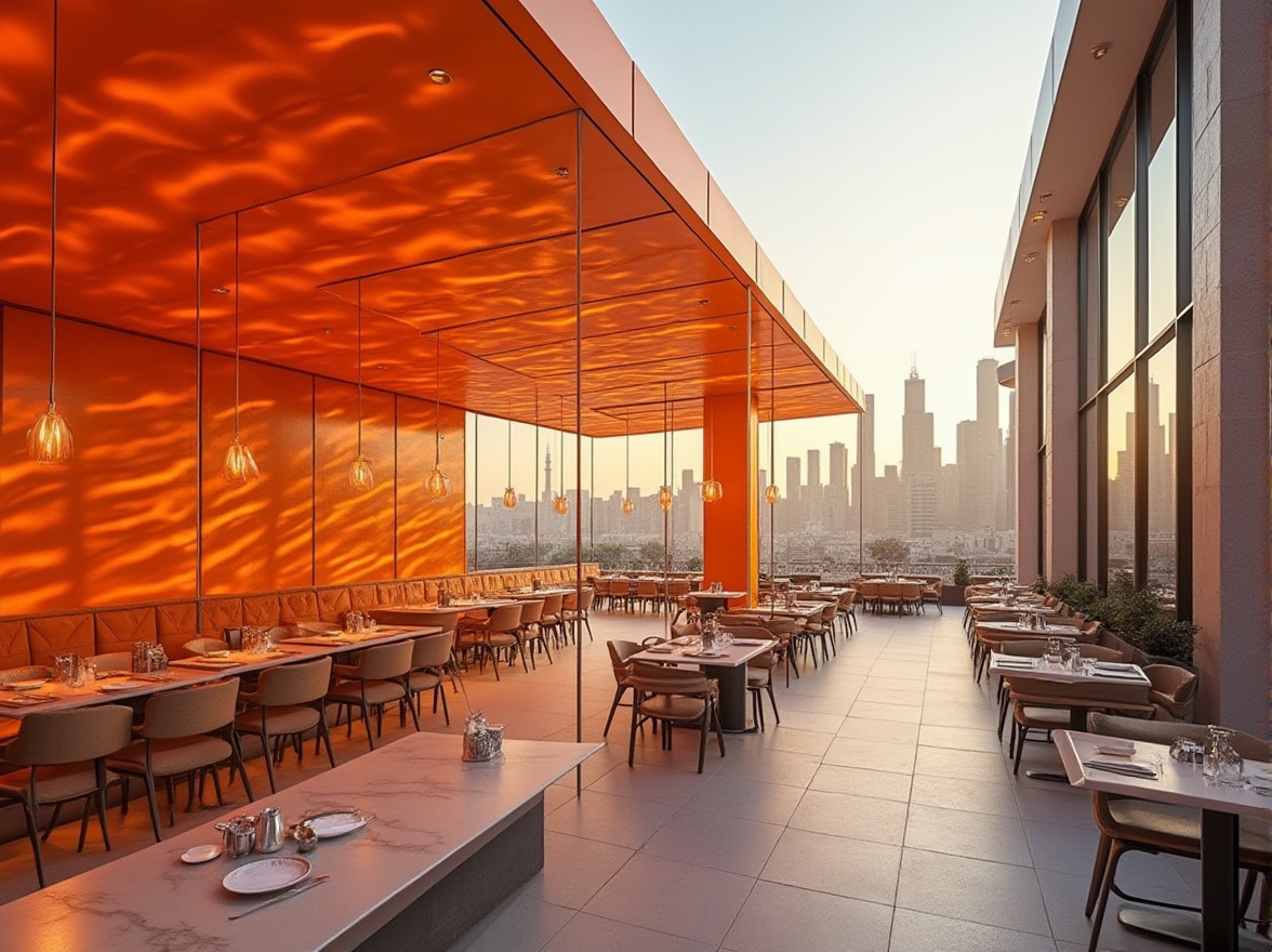 Prompt: Vibrant orange accents, sleek metal fa\u00e7ades, bold geometric patterns, minimalist white walls, floor-to-ceiling windows, polished chrome fixtures, modern angular lines, urban cityscape, busy streets, contemporary skyscrapers, trendy rooftop bars, warm golden lighting, shallow depth of field, 1/1 composition, realistic reflective surfaces, ambient occlusion.