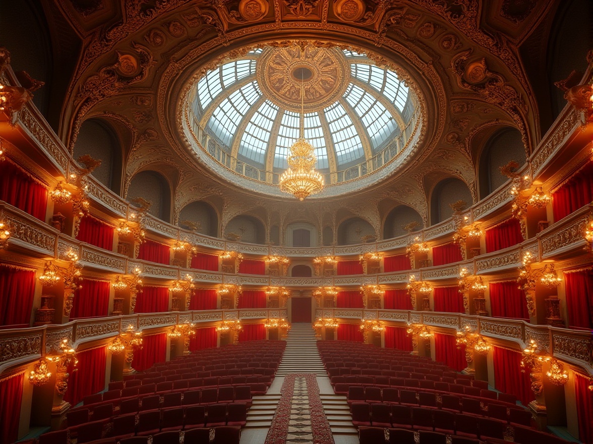 Prompt: Grand opera house, majestic dome roof, intricate metal framework, gleaming golden details, lavish chandeliers, red velvet curtains, ornate balconies, Baroque-inspired architecture, sweeping arches, grand staircase, luxurious interior design, soft warm lighting, shallow depth of field, 3/4 composition, panoramic view, realistic textures, ambient occlusion.