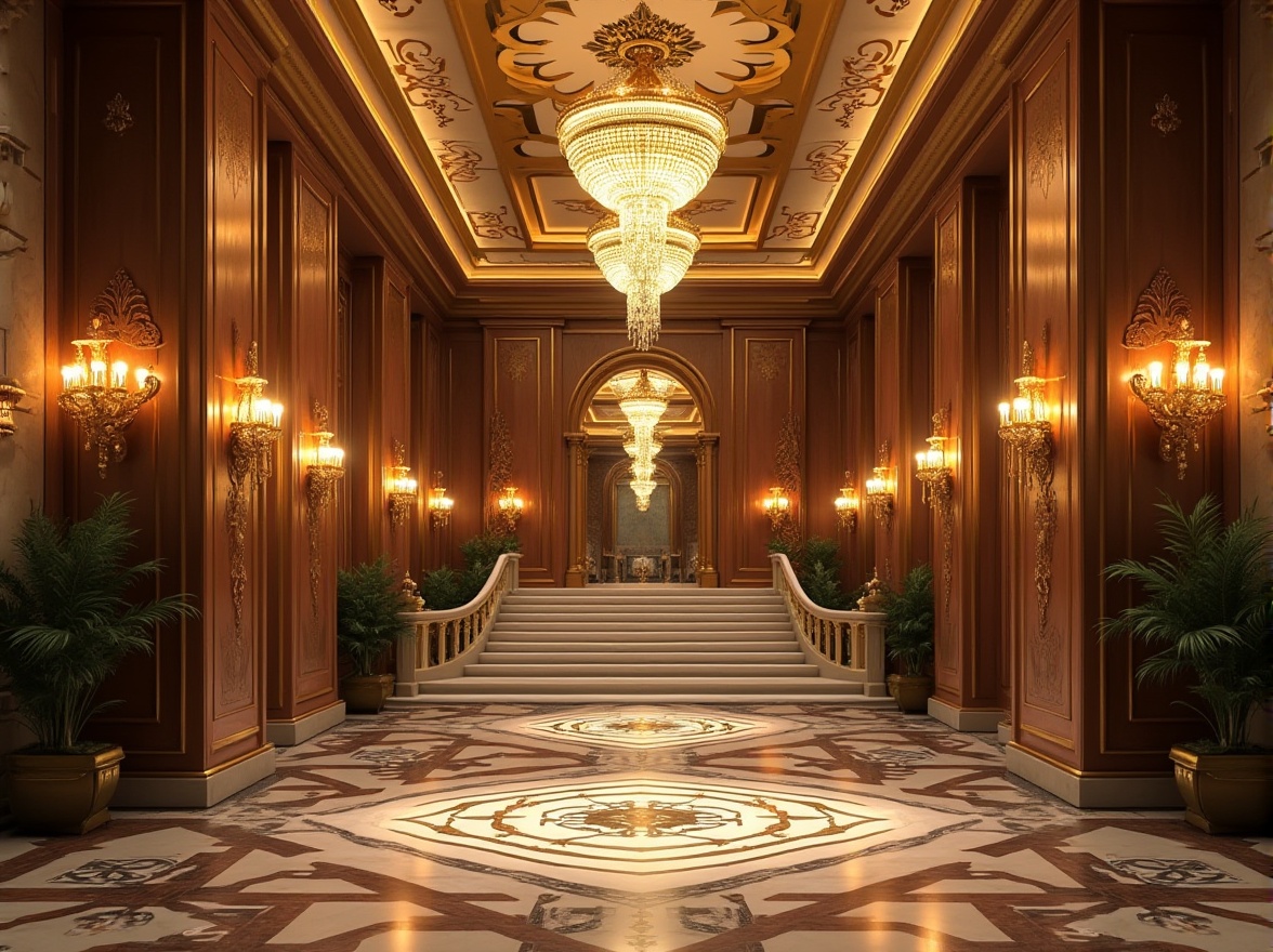 Prompt: Opulent chandeliers, metallic accents, ornate sconces, warm golden lighting, lavish crystal fixtures, geometric patterned floors, luxurious marble walls, sleek chrome details, stepped silhouettes, zigzag motifs, sunburst designs, angular shapes, bold typography, rich jewel tones, dramatic ceiling fixtures, grand staircases, intricate metalwork, soft warm glow, low-key ambient light, high-contrast dramatic lighting, cinematic composition.