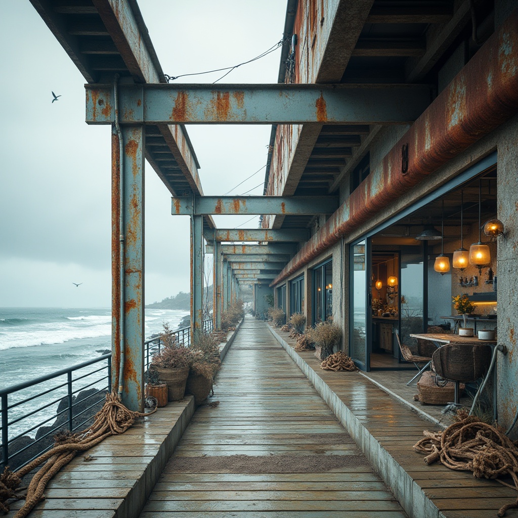 Prompt: Rugged coastline, crashing waves, salty air, weathered steel structures, rusted metal textures, brutalist architecture, cantilevered roofs, large glass windows, ocean views, beachside promenade, driftwood accents, nautical ropes, distressed wood planks, industrial lighting fixtures, minimalist interior design, polished concrete floors, exposed ductwork, modern marine equipment, sailing-inspired decor, seagull cries, windy atmosphere, soft overcast lighting, shallow depth of field, 3/4 composition.