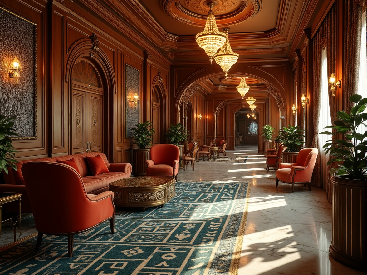 Prompt: Luxurious Art Deco interior, ornate metalwork, polished chrome accents, velvety soft upholstery, geometric patterned rugs, marble floors, glossy wooden panels, intricate moldings, metallic mesh screens, beaded curtains, opulent chandeliers, rich jewel-toned colors, sumptuous fabrics, 3/4 composition, shallow depth of field, dramatic spotlighting, warm golden lighting, high-contrast rendering.