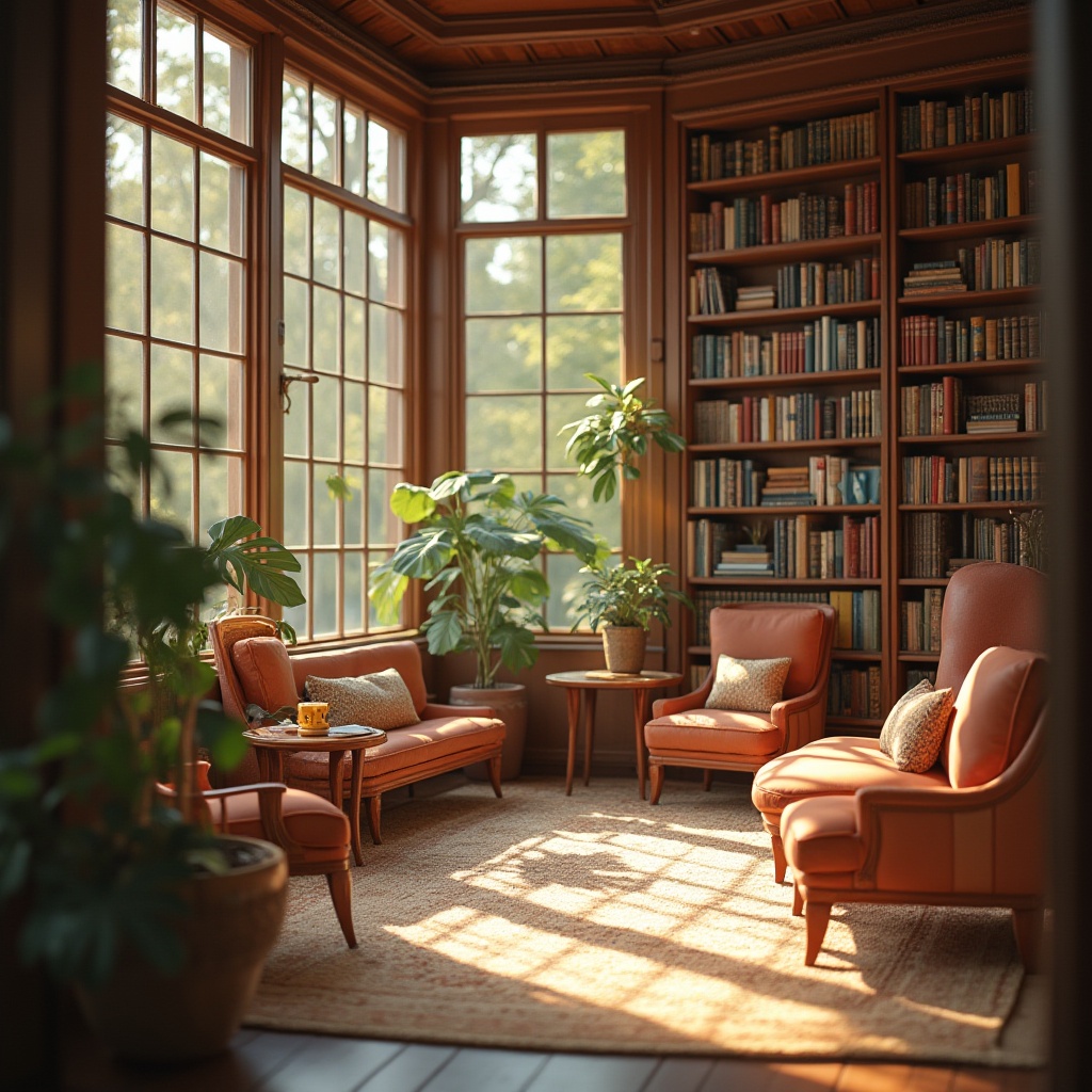 Prompt: Cozy library interior, warm natural lighting, floor-to-ceiling windows, wooden bookshelves, comfortable reading nooks, plush armchairs, soft carpeting, gentle color palette, calming atmosphere, abundant daylight, subtle shadows, 1/1 composition, realistic textures, ambient occlusion, soft focus blur.