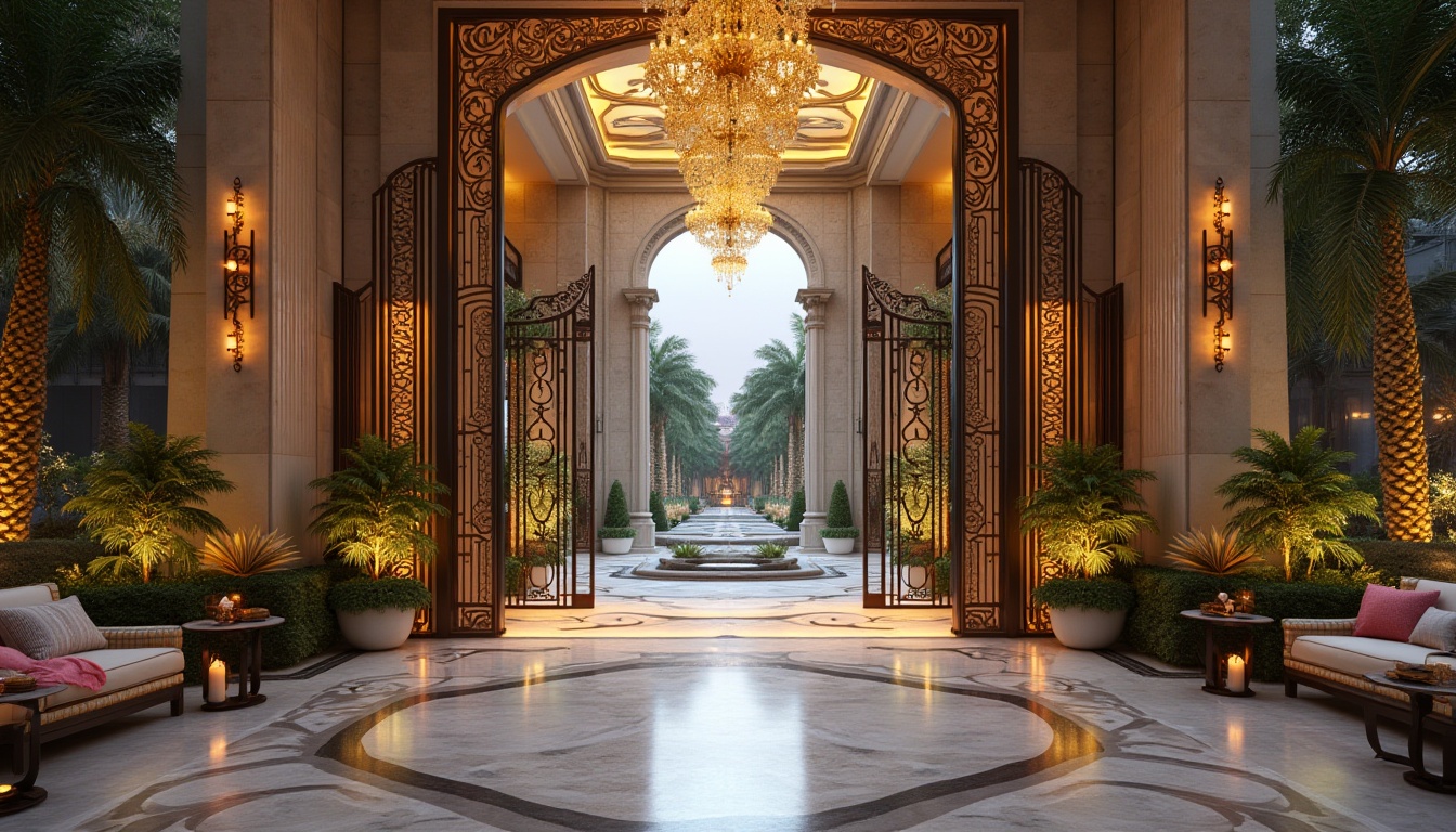 Prompt: Grand entrance gates, ornate metalwork, luxurious stone columns, imposing archways, vibrant flower arrangements, elegant water features, modern LED lighting, sleek glass doors, sophisticated door handles, inviting outdoor seating, lush greenery, dramatic staircases, opulent chandeliers, high ceilings, marble flooring, warm ambient lighting, shallow depth of field, 1/1 composition, realistic textures.